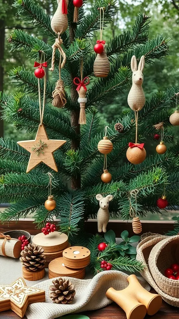 A beautifully decorated forest Christmas tree with natural ornaments like pinecones, wooden stars, and fabric bows.