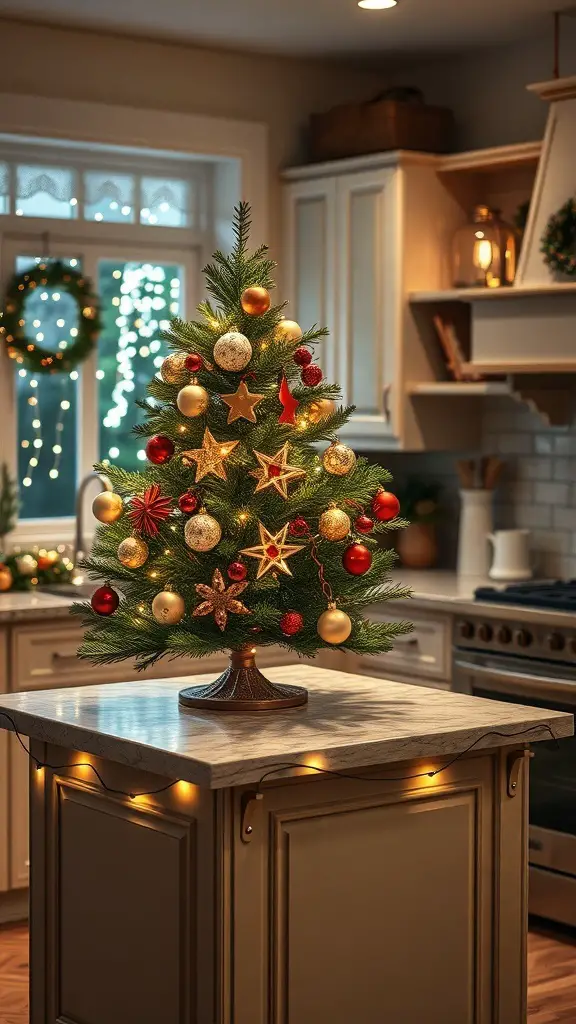 A miniature Christmas tree decorated with ornaments on a kitchen island