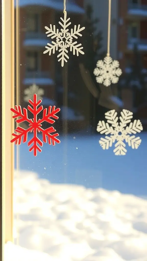 Colorful snowflake window clings in various shapes and sizes on a window with snow outside.