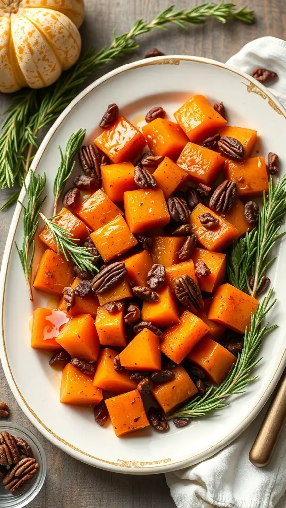 29+ Must-Try Thanksgiving Vegetable Sides for Your Holiday Feast 16 A platter of honey glazed sweet potatoes garnished with pecans and rosemary.
