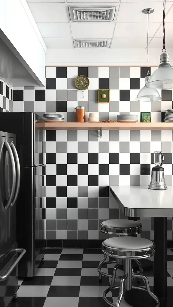 27+ Stunning Wall Paint Designs to Transform Your Space 11 A kitchen featuring a classic black and white checkerboard wall and floor design.