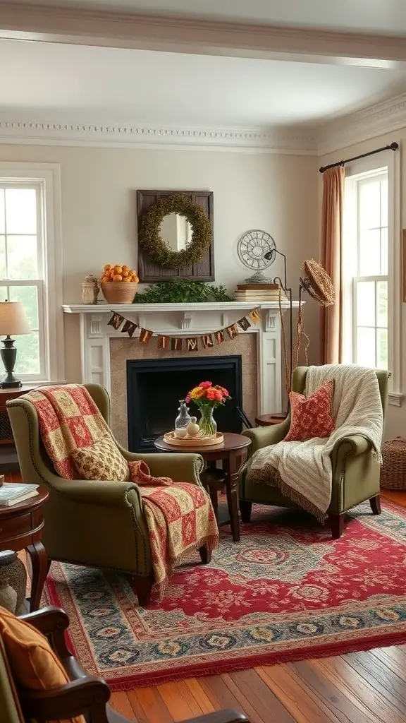 A cozy living room with quilted throws on armchairs, a fireplace, and festive decorations.