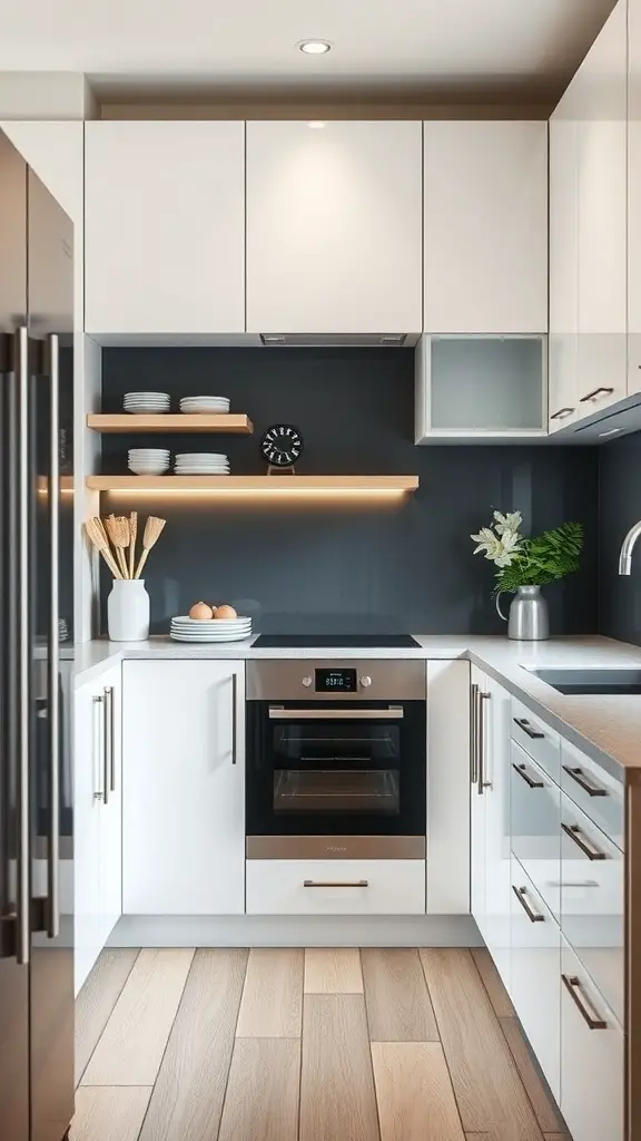 27+ Stylish Slim Shaker Cabinets for Your Dream Kitchen 8 A modern kitchen featuring slim shaker cabinets, open shelving, and integrated appliances.