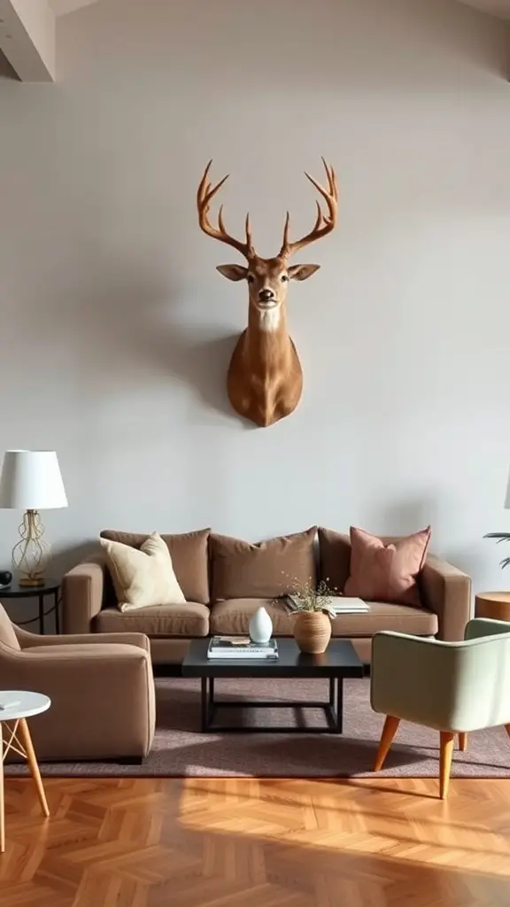 27+ Stunning Deer Mount Wall Arrangements for Every Home 16 A deer mount displayed on a wall in a cozy living room setting.