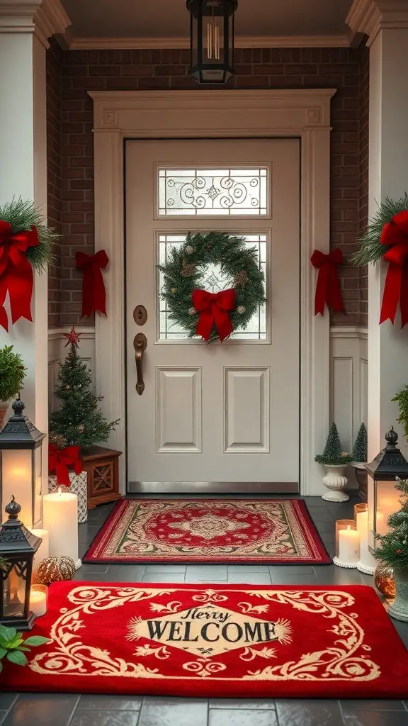 A festive entryway decorated with a red welcome mat, layered rugs, a wreath, and holiday decorations.