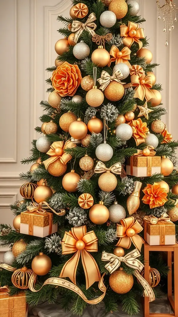 27+ Stunning Champagne Christmas Tree Ideas You Need to Try 6 A beautifully decorated Christmas tree with gold and silver ornaments and wrapped gifts underneath.