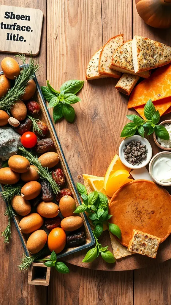 A grazing table featuring fresh herbs, eggs, bread, and other ingredients arranged on a wooden surface.