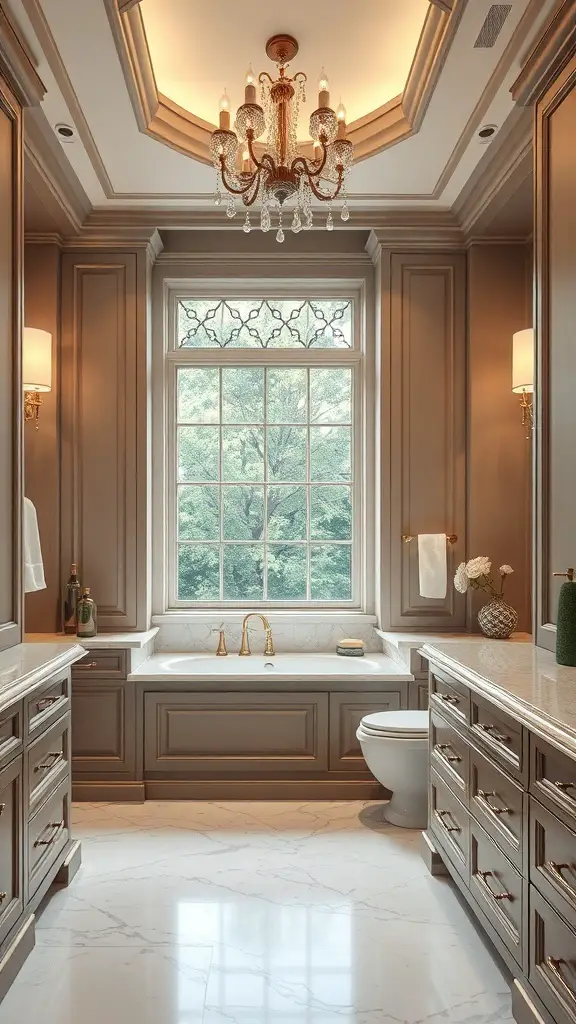 27+ Creative Bathroom Vanity Storage Ideas for an Organized Space 4 Elegant bathroom with built-in cabinetry, featuring a bathtub, window, and chandelier.