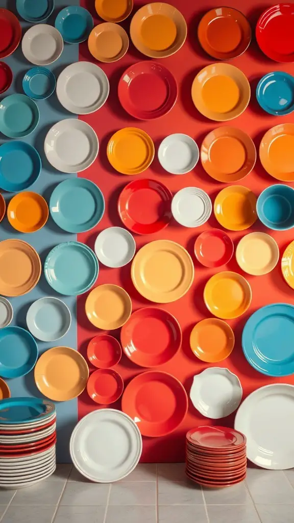 29+ Creative Ideas for a Stunning Plate Wall Display 10 A colorful plate wall display featuring various sizes and colors of plates arranged against a vibrant background.