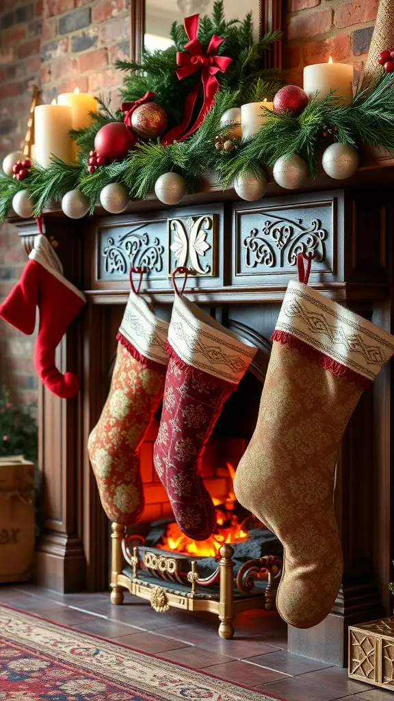 A cozy fireplace with richly colored fabric stockings hanging from the mantel, decorated for Christmas.
