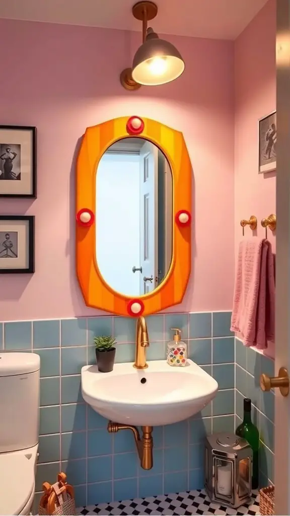 29+ Stylish Small Bathroom Mirror Ideas to Elevate Your Space 15 A small bathroom featuring a colorful mirror with an orange frame and red accents, pink walls, and blue tiles.