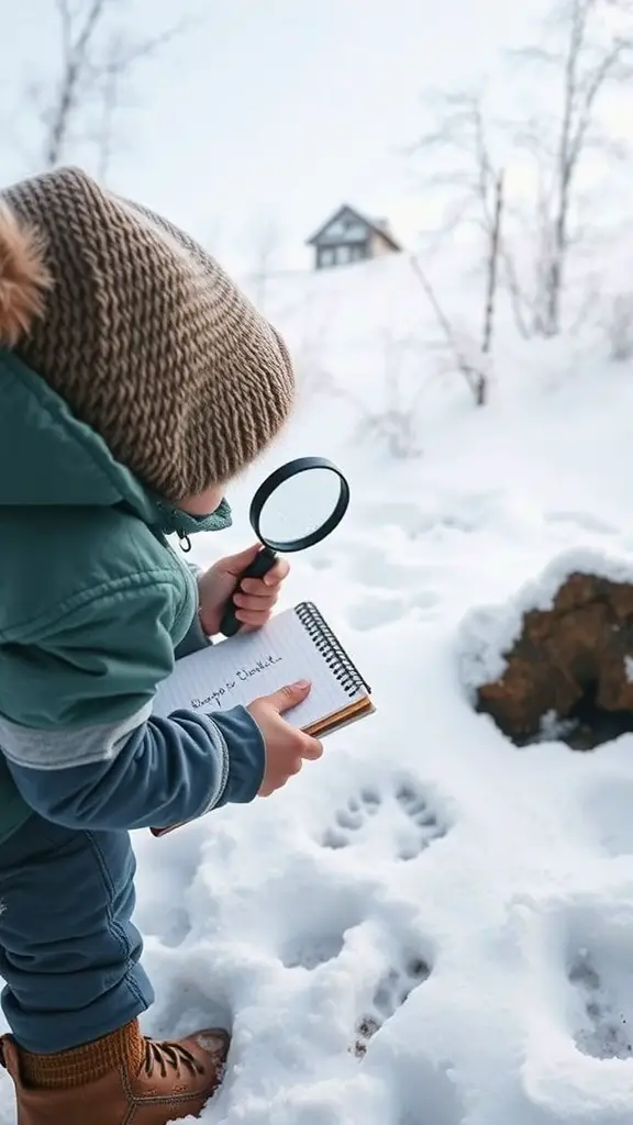 A toddler examining animal tracks in the snow with a magnifying glass and a notebook.