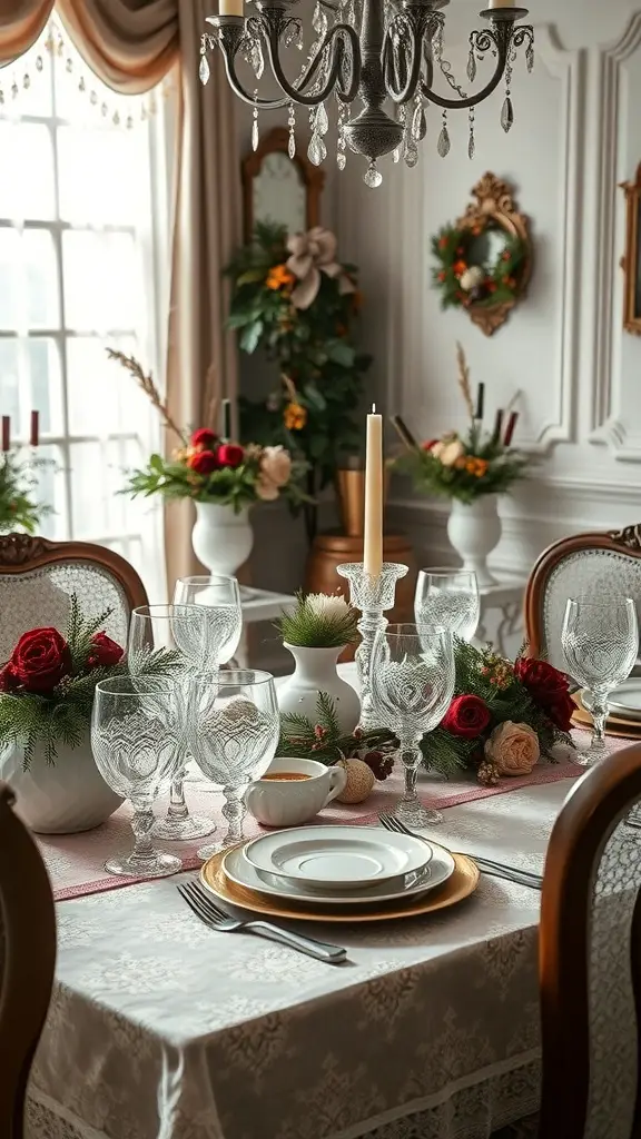 A beautifully set Victorian-themed dining table with lace tablecloth, crystal glassware, floral arrangements, and candles.