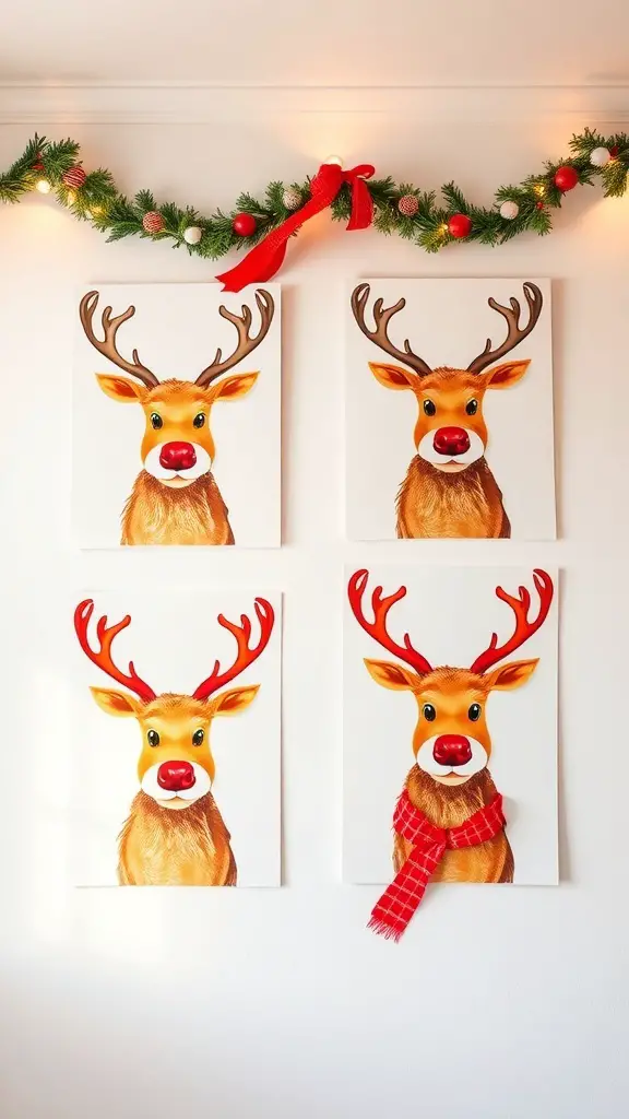 27+ Stunning Christmas Wall Art Ideas for a Festive Home 9 Four joyful reindeer portraits with red noses and colorful scarves, decorated with Christmas garland.