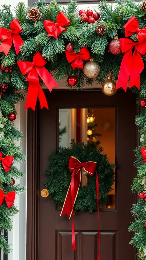 Traditional holiday garland with red bows and ornaments over a doorway