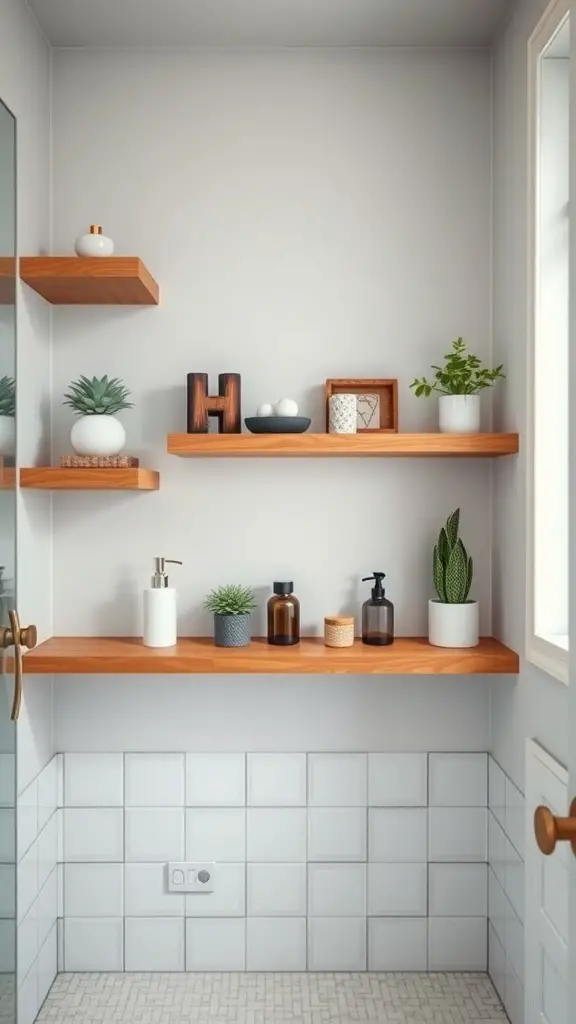 Floating shelves in a small bathroom displaying plants and decorative items