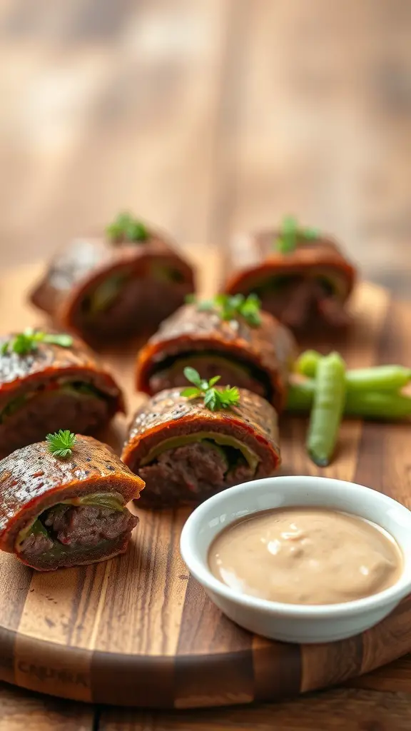 Mini Beef Wellington pieces on a wooden platter with a dipping sauce