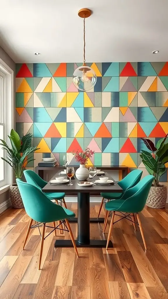 29+ Stunning Dining Room Wallpaper Ideas to Transform Your Space 4 Dining room with bold geometric wallpaper featuring colorful triangles and squares.