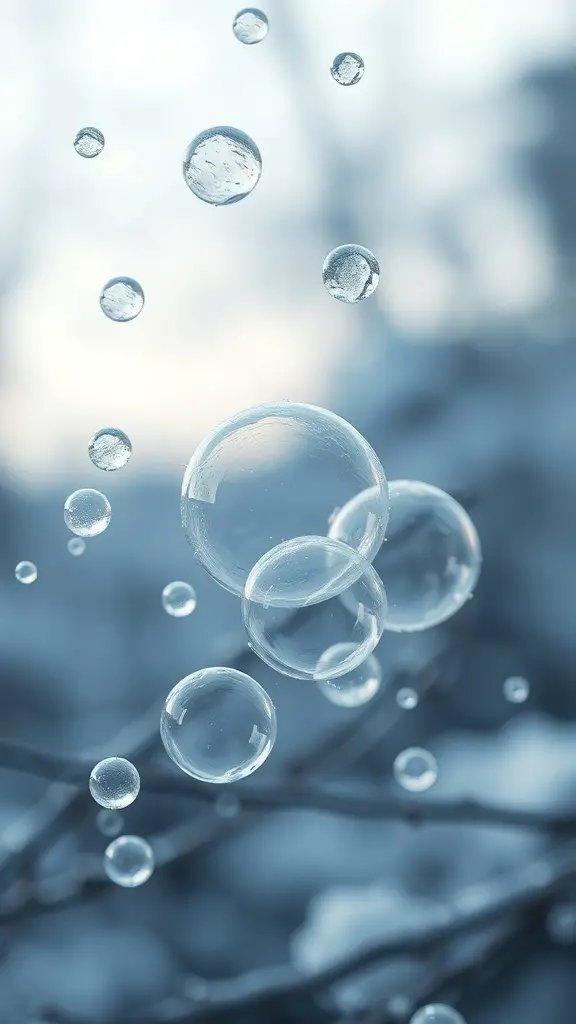 Frozen bubbles floating in the air against a wintery background