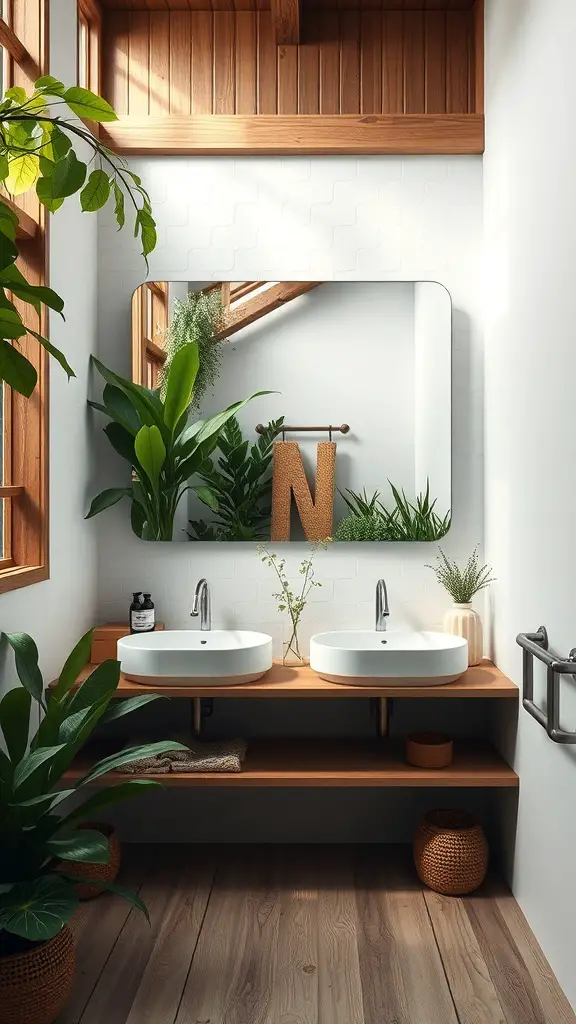 23+ Stylish Bathroom Double Sink Ideas to Enhance Your Space 12 A bathroom featuring a double sink with a wooden countertop, surrounded by plants and natural light.