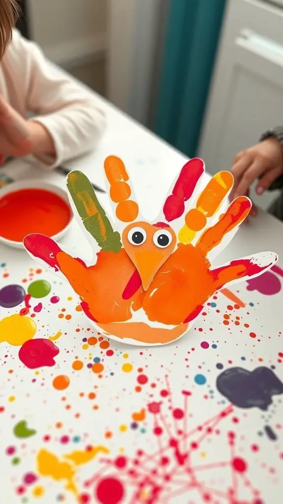 25+ Fun Thanksgiving Crafts for Toddlers to Create Together 3 Colorful handprint turkey art created by toddlers with paint splatters on a table.