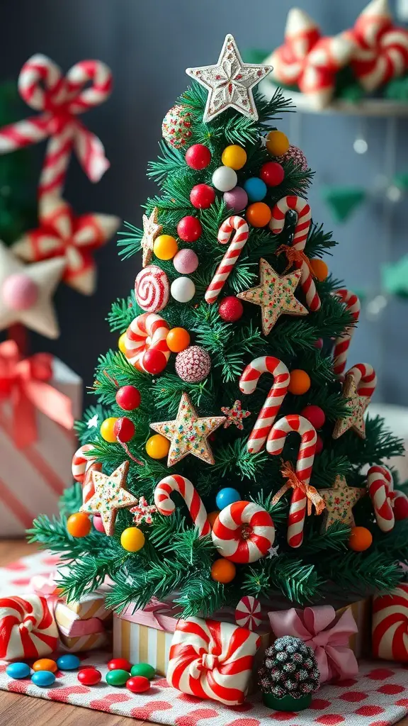 27+ Adorable Tabletop Christmas Tree Ideas for Your Holiday Decor 7 A colorful tabletop Christmas tree decorated with candy ornaments and surrounded by wrapped gifts.