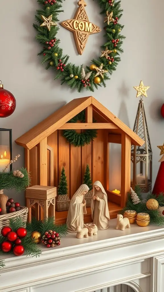 A handcrafted wooden nativity scene displayed on a mantel, surrounded by festive decorations.