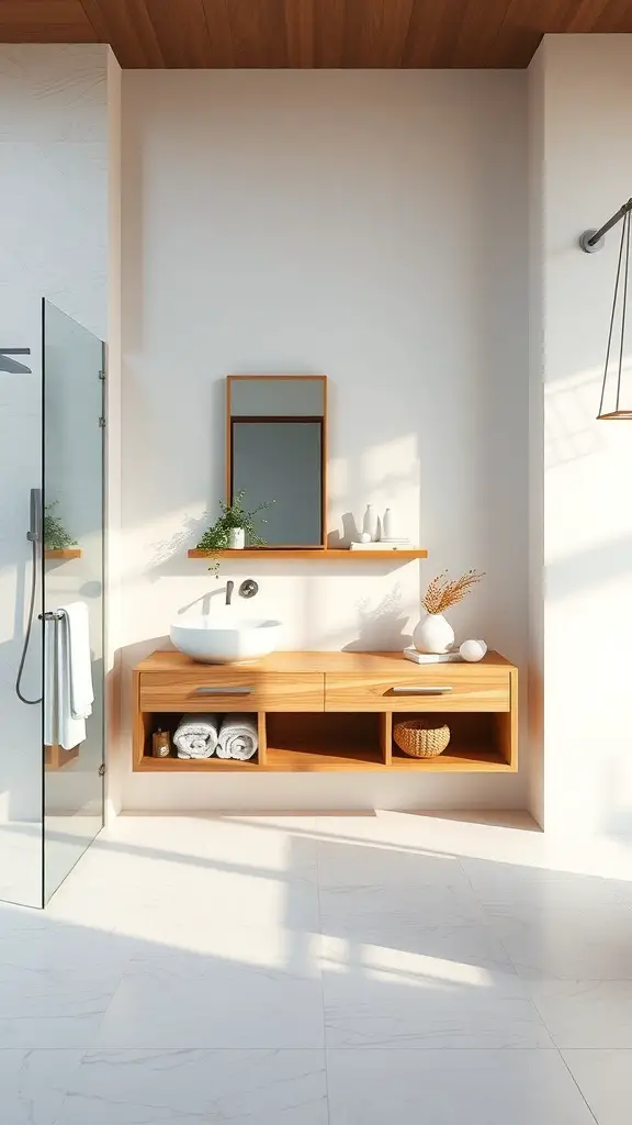 27+ Stunning Floating Vanity Ideas for Your Bathroom Renovation 15 A modern bathroom featuring a custom built-in floating vanity with a round basin and open shelves.