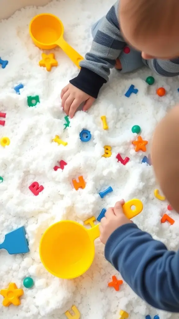 Toddlers exploring a snowy sensory bin filled with white material and colorful letters.