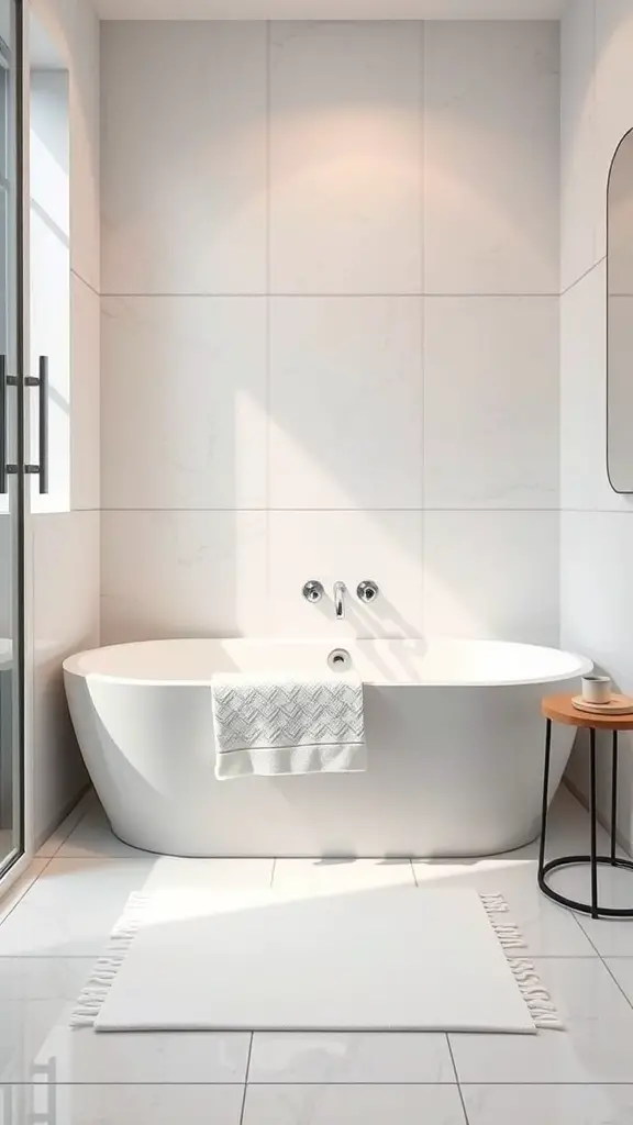 25+ Must-Try Minimalist Bathroom Organization Ideas 15 A minimalist bathroom featuring a white bath mat, a modern bathtub, and clean lines.
