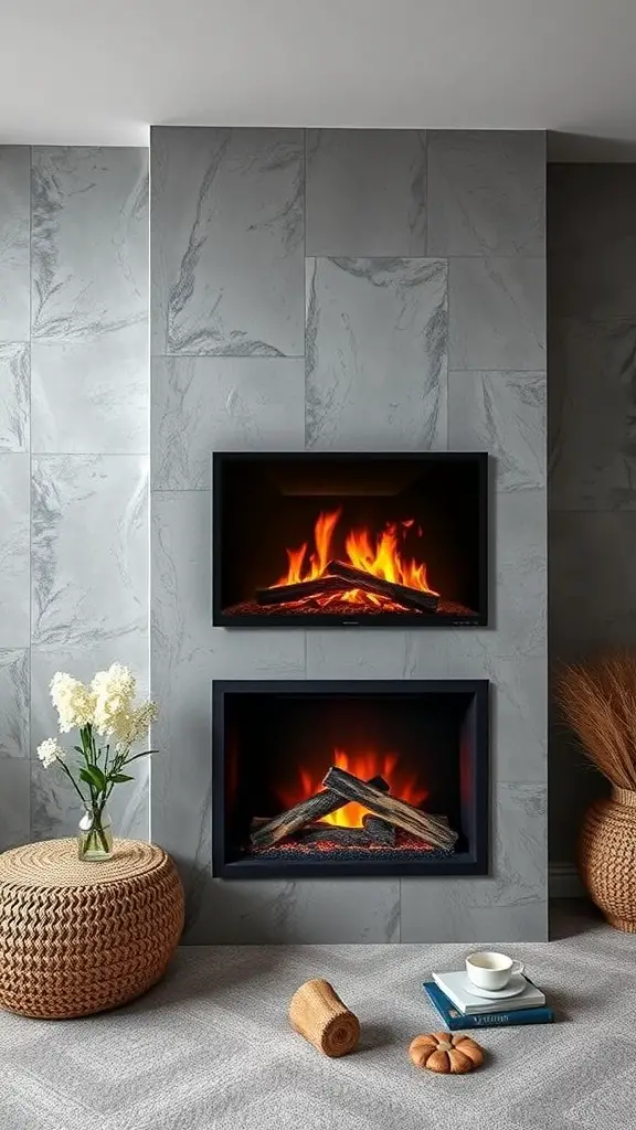 29+ Stylish Electric Fireplace Ideas to Transform Your Home 14 A modern living room featuring two electric fireplaces with built-in storage, surrounded by gray tiles and decorative elements.