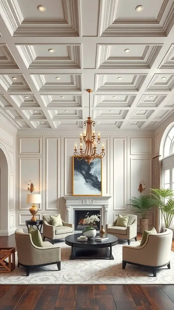 25+ Stylish Wall Trim Ideas to Enhance Your Home Decor 13 A living room featuring a coffered ceiling with elegant trim, stylish furniture, and a chandelier.