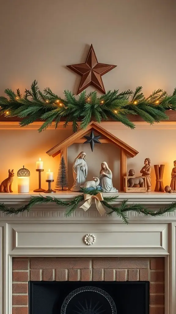 29+ Creative Christmas Mantel Decorating Ideas to Inspire Your Holiday Spirit 10 A beautifully arranged classic nativity scene on a Christmas mantel, featuring figures of Mary, Joseph, and baby Jesus, surrounded by candles and greenery.