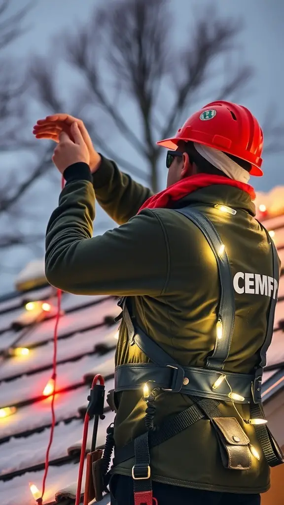 27+ Stunning Roof Christmas Light Ideas to Brighten Your Holidays 9 A person on a roof wearing a hard hat and safety harness, preparing to hang Christmas lights.