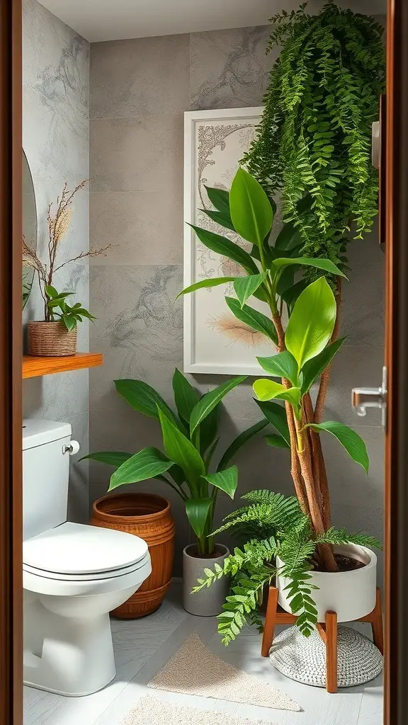 25+ Chic Half Bathroom Ideas to Refresh Your Space 12 A half bathroom featuring various plants, wooden elements, and a serene atmosphere.