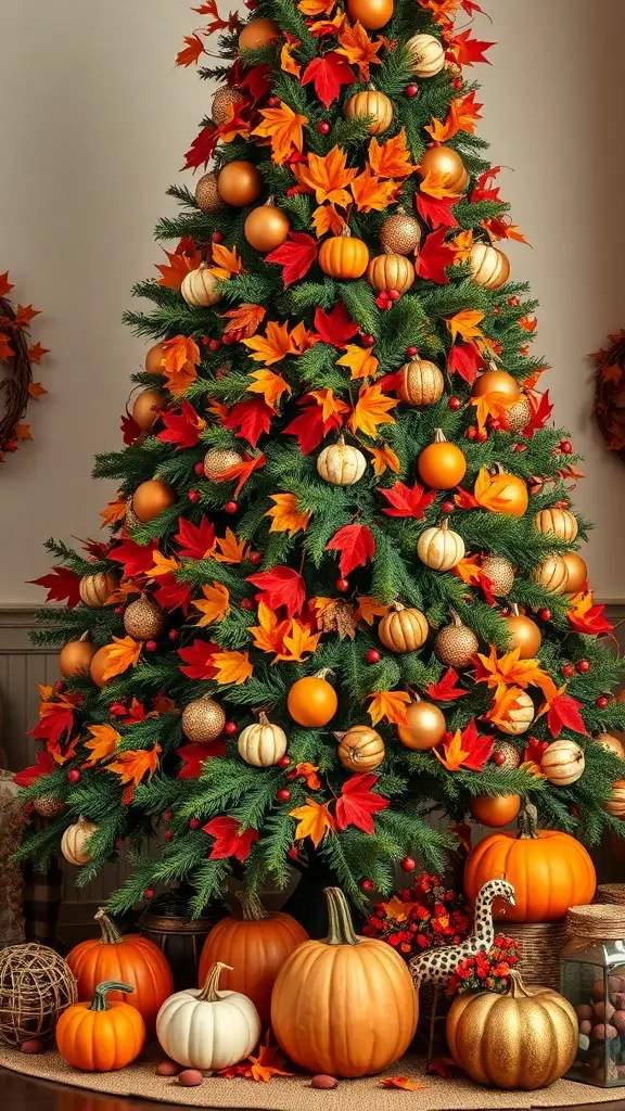 A beautifully decorated Thanksgiving tree with autumn leaves, pumpkins, and golden ornaments.