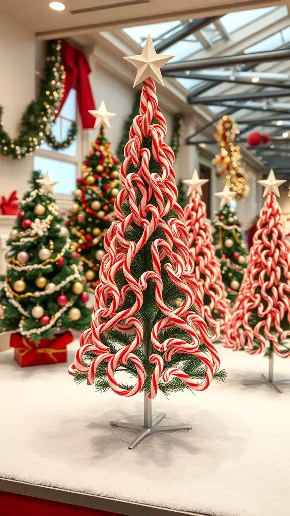 A festive candy cane Christmas tree decorated with red and white candy canes, surrounded by other Christmas trees.