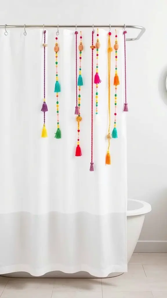 25+ Stunning Boho Shower Curtain Ideas for a Unique Bathroom Decor 7 Colorful tassels and beads hanging from a white shower curtain