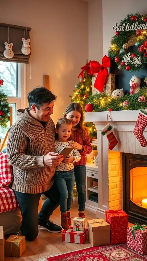 A family enjoying a Christmas scavenger hunt in a cozy living room decorated for the holidays.