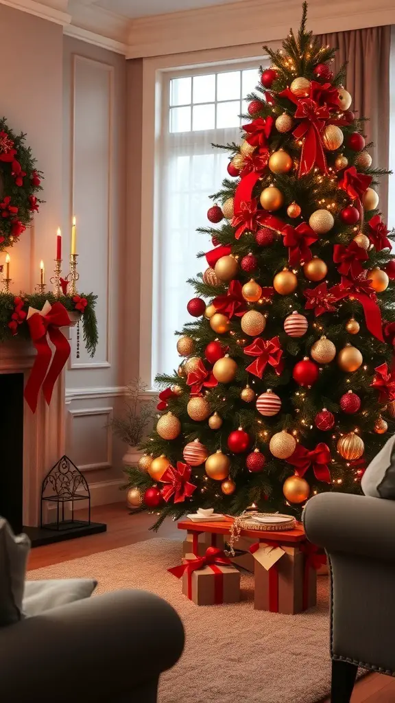 A beautifully decorated Christmas tree with red and gold ornaments, ribbons, and gifts underneath.