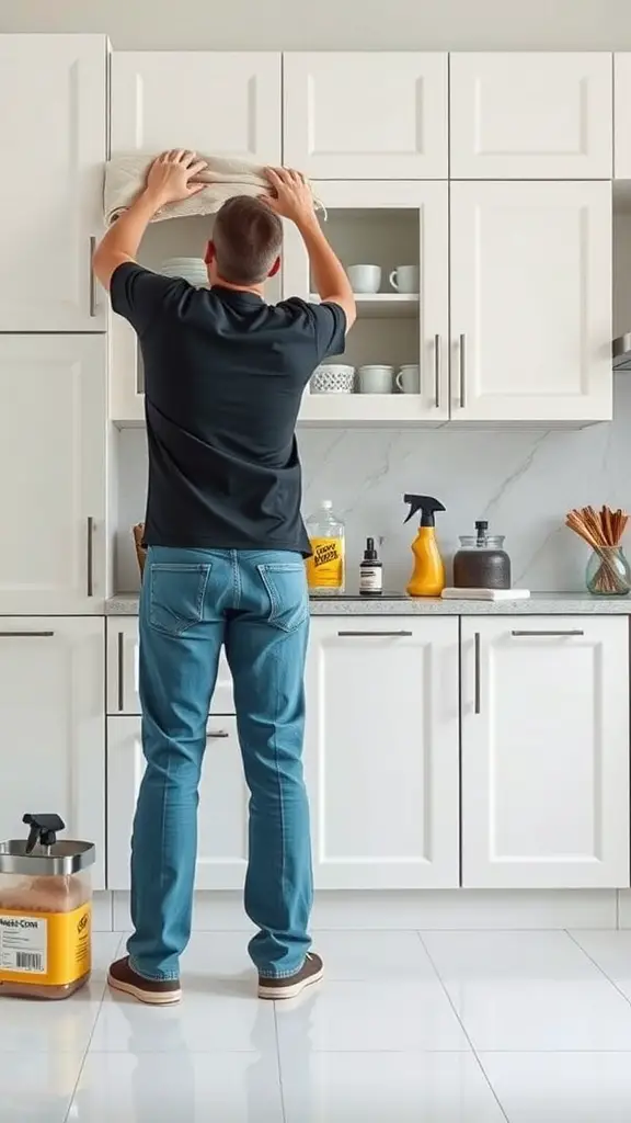 27+ Stylish Slim Shaker Cabinets for Your Dream Kitchen 16 A person cleaning slim shaker cabinets in a modern kitchen.