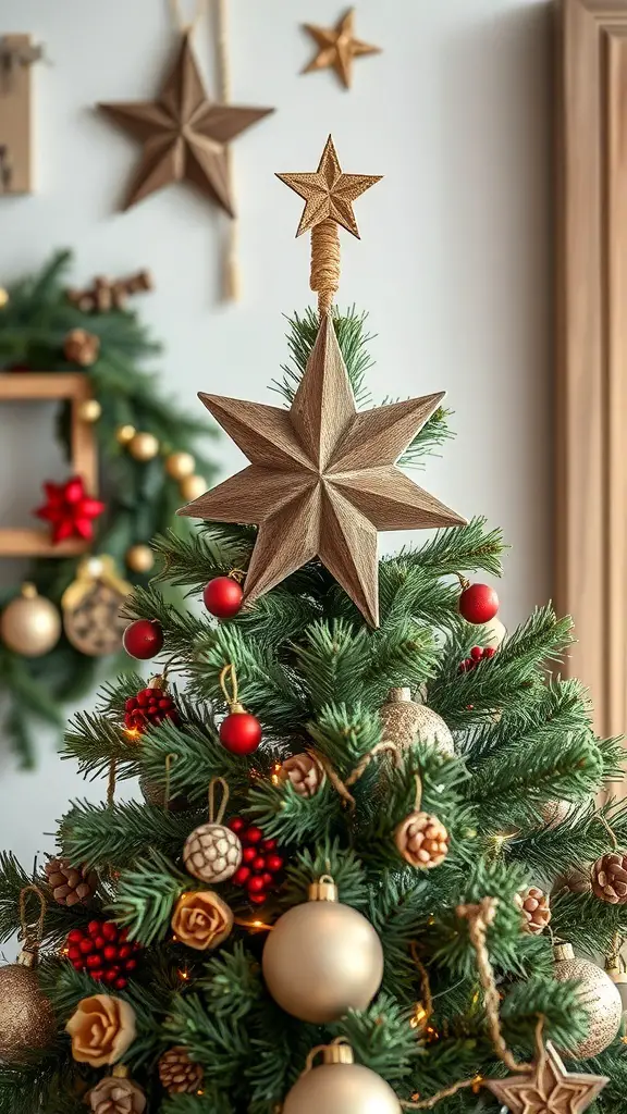 A wooden star tree topper on a Christmas tree decorated with ornaments and lights.