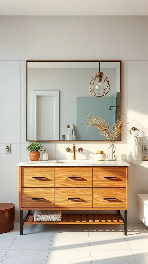 29+ Stunning Bathroom Vanity Ideas You’ll Love 14 A stylish bathroom vanity with a large round mirror above it, featuring a wooden cabinet and modern fixtures.