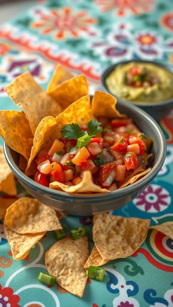A bowl of crispy chips with fresh salsa and guacamole on a colorful tablecloth.