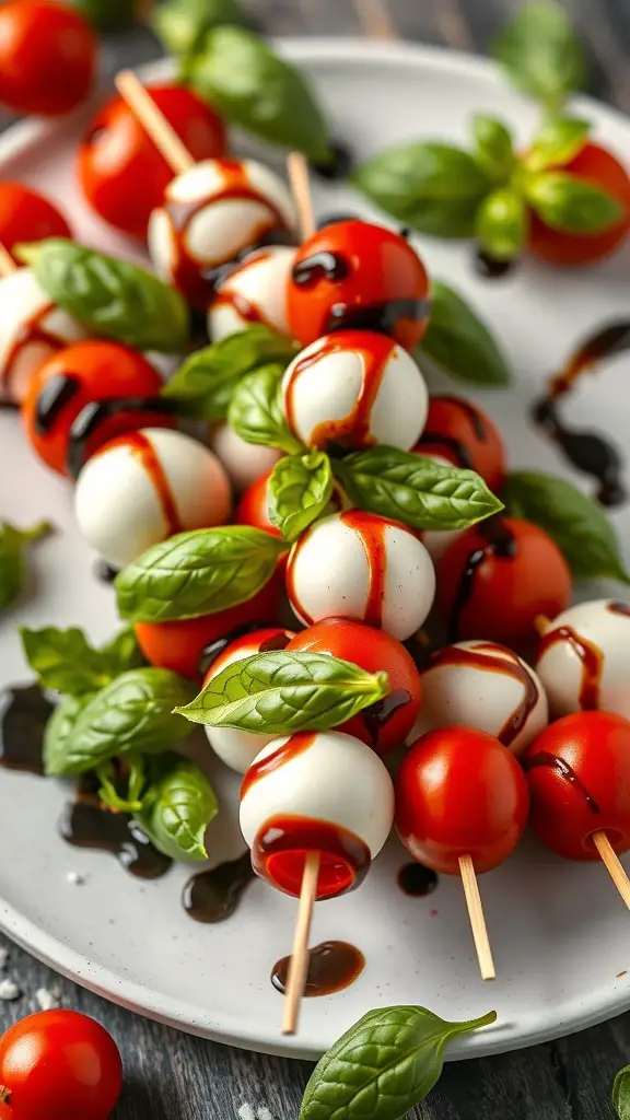 29+ Delicious Thanksgiving Appetizers to Impress Your Guests 12 Caprese skewers with cherry tomatoes, mozzarella balls, and basil drizzled with balsamic glaze