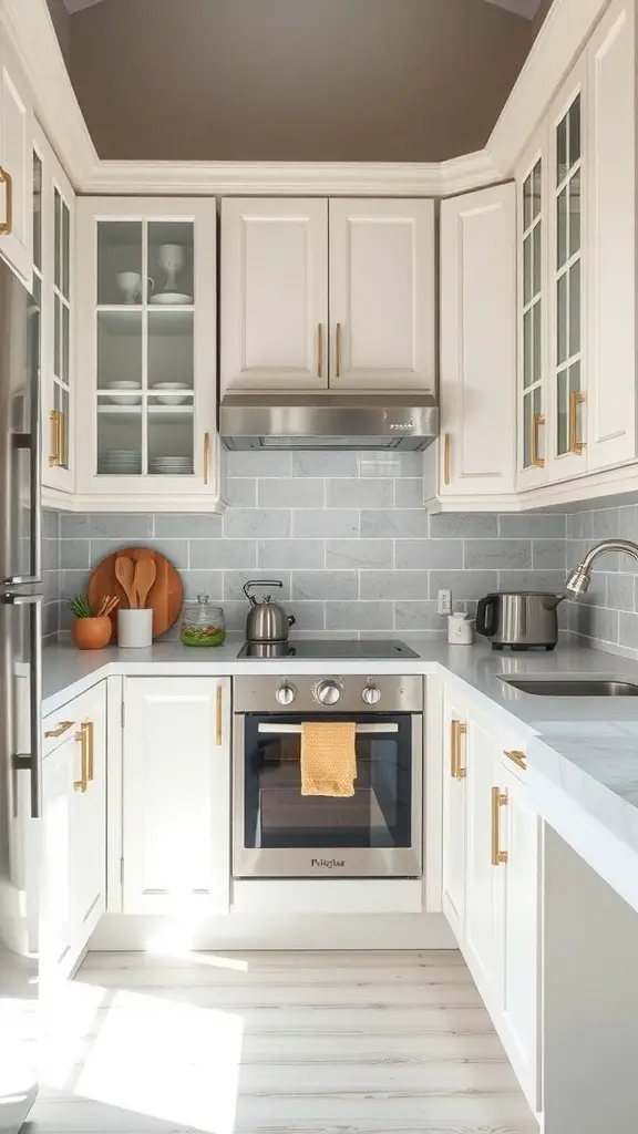 25+ Stunning Antique White Kitchen Cabinets for Timeless Style 16 A small kitchen featuring antique white cabinets, stainless steel appliances, and a gray backsplash.