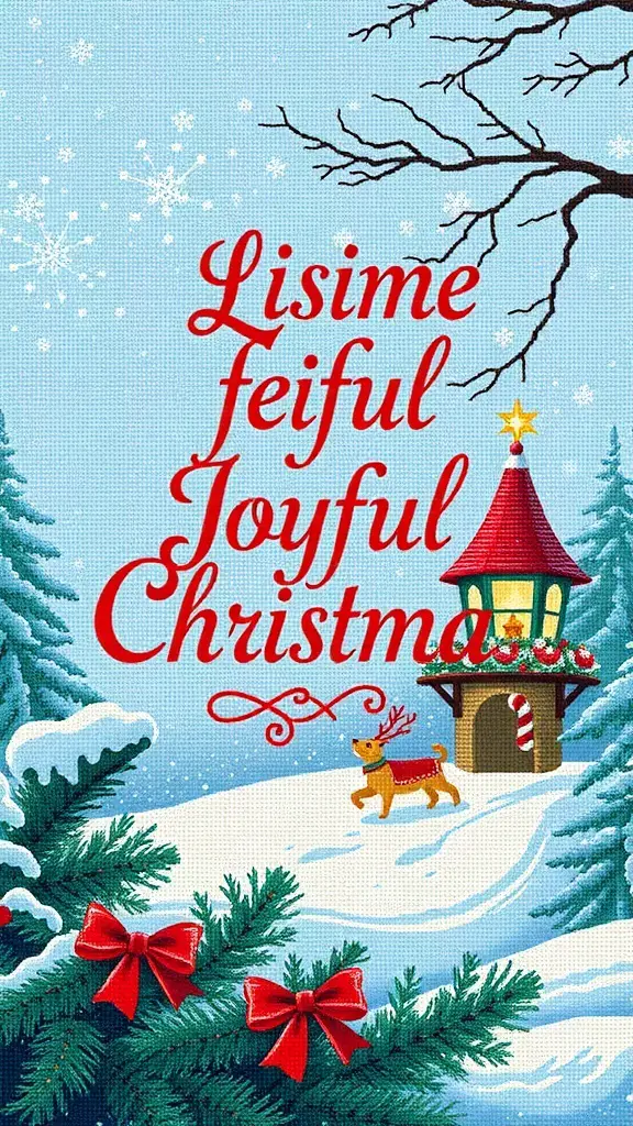 27+ Festive Christmas Cross Stitch Patterns to Brighten Your Holiday Season 4 A festive Christmas scene with a cozy house, snowy landscape, and the text 'Joyful Christmas' in red.