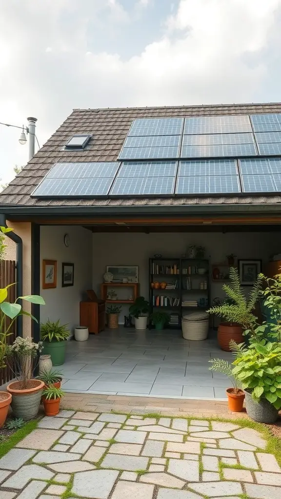 23+ Creative Garage Conversion Ideas for Your Home 10 A garage converted into a sustainable living space with solar panels and plants.