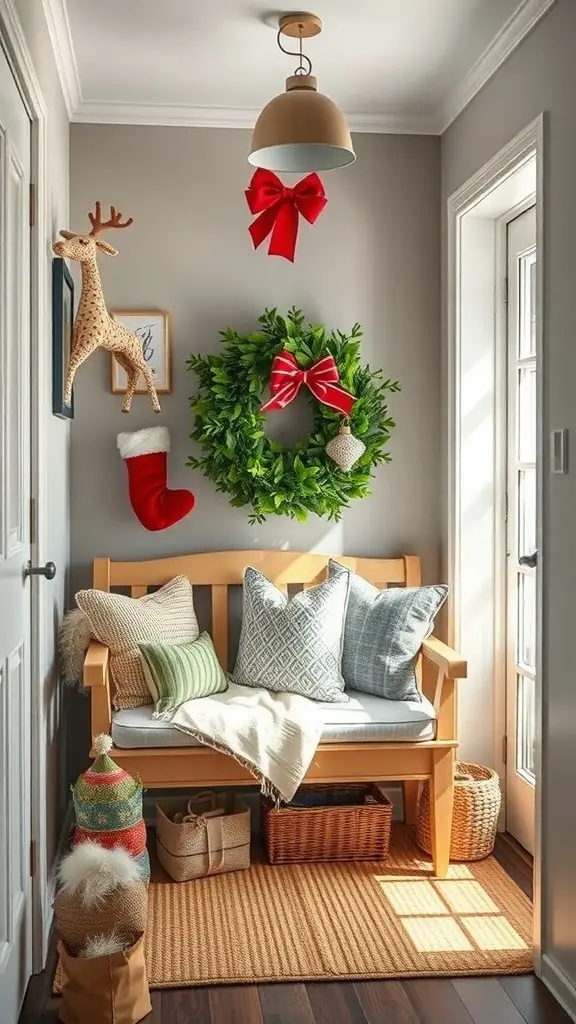 Cozy entryway with a bench, pillows, holiday wreath, and festive decorations