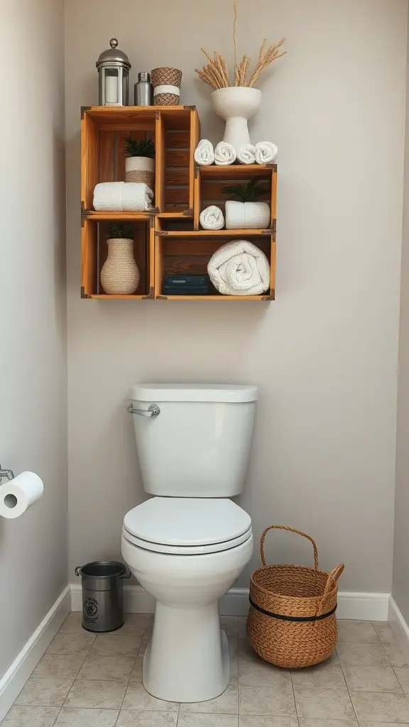 27+ Stylish Over the Toilet Storage Ideas to Maximize Your Space 7 Stacked wooden crates on a bathroom wall holding towels and decorative items